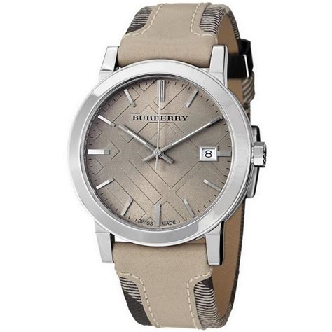 Burberry Large Check Leather Strap Beige Dial Women's Watch 